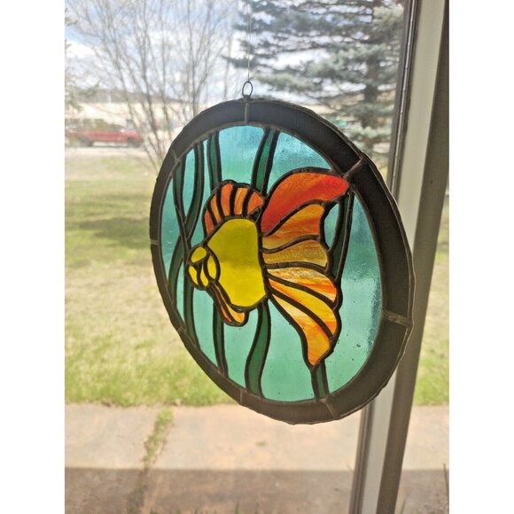 Vintage Hand Made Stained Glass Window Hanging 10" Diameter Angelfish - Picture 10 of 13